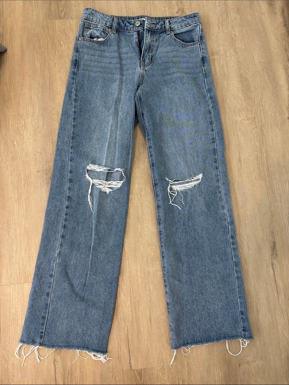 RSQ Blue Wide-Leg Distressed Jeans with Frayed Hem